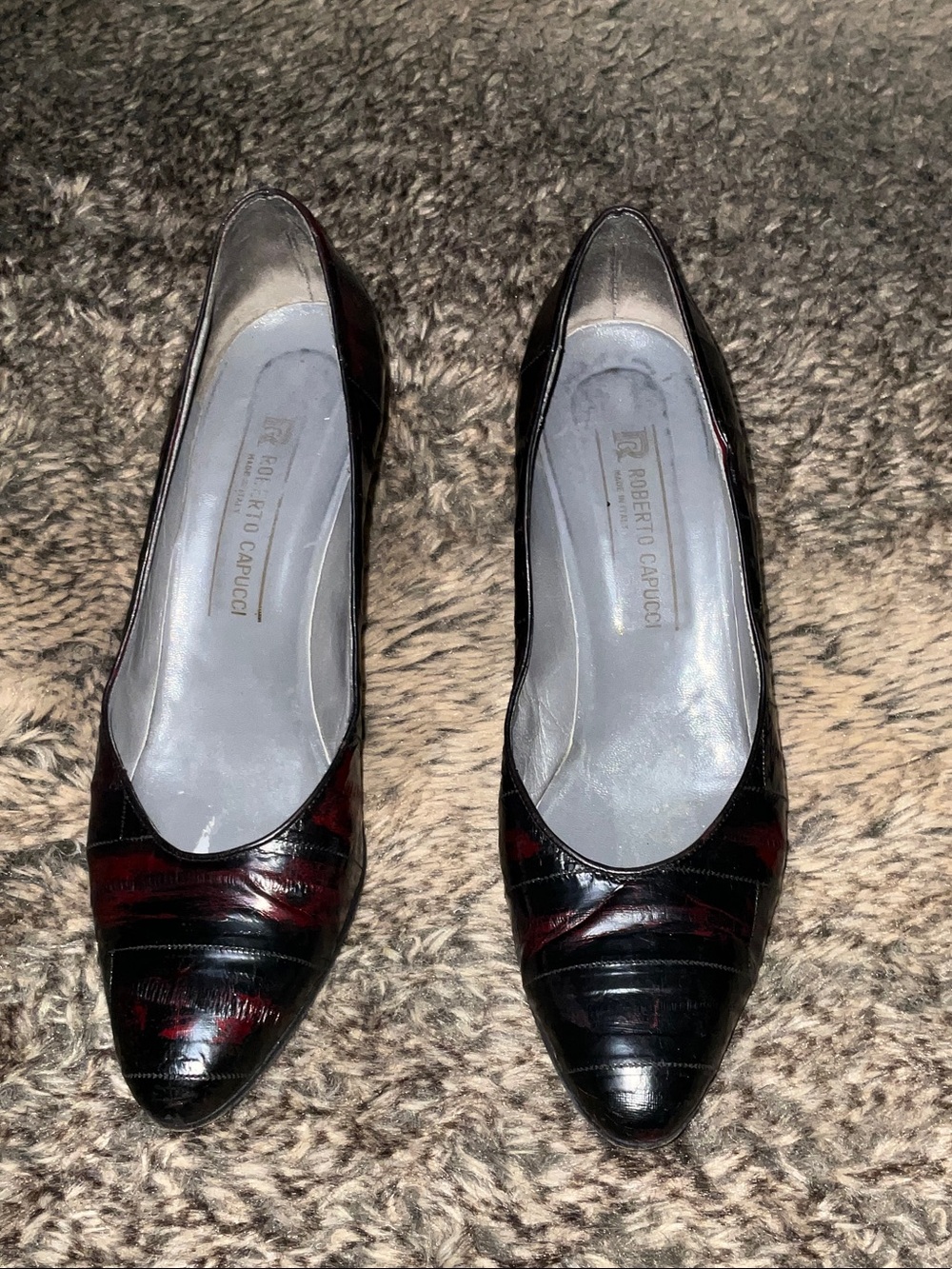 Black and Burgundy Patent Pointed Heels
